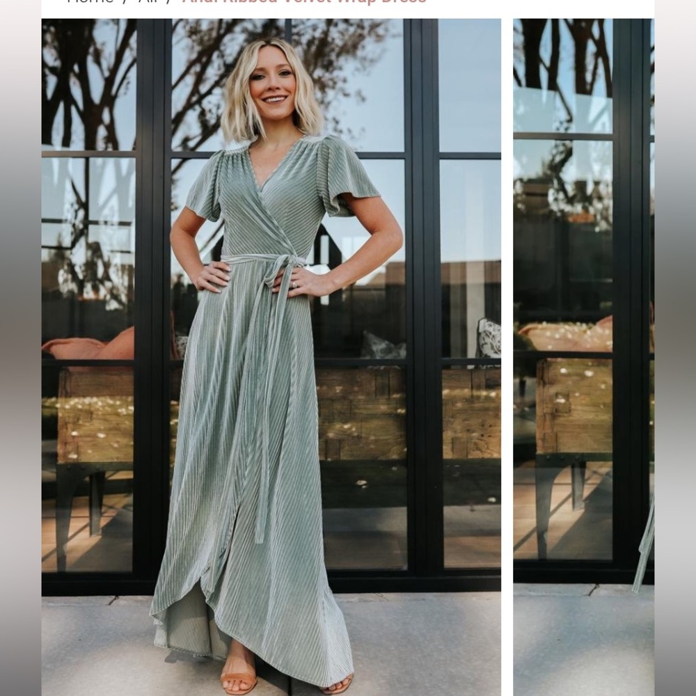 Andi Ribbed Velvet Wrap Dress - Dusty Sage